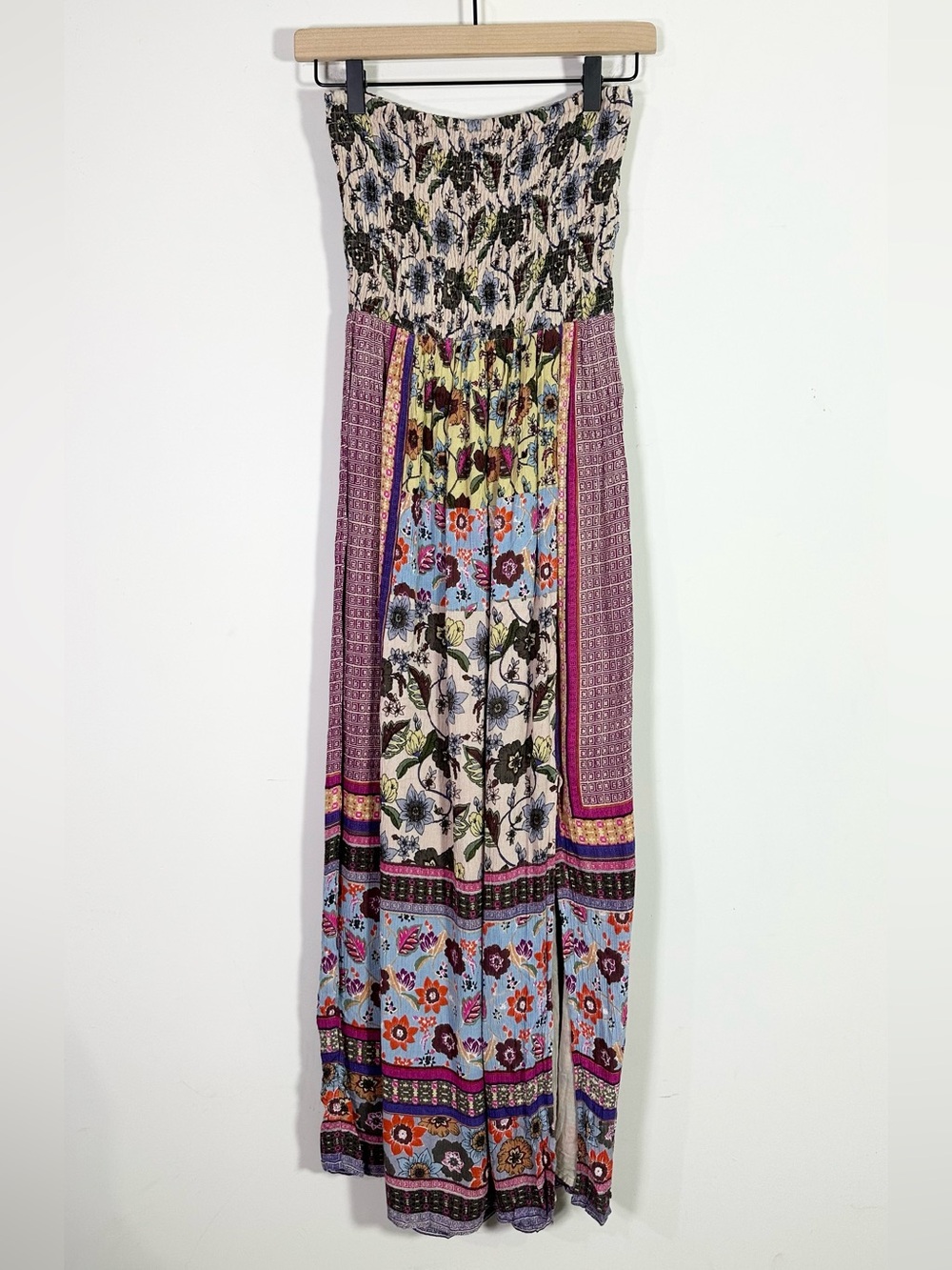 Raga Anthropologie Strapless Smocked Floral Scarf Print Maxi Dress